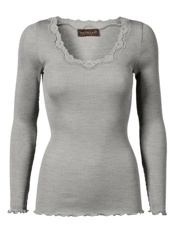 Rosemunde - silk t-shirt Voksen ls w/rev vintage lace - light grey melange